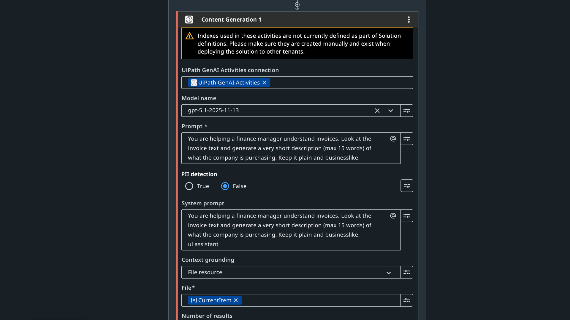 UiPath Content Generation activity showing GPT model gpt-5.1, prompt text instructing generation of a short plain-language purchase description, and context grounding set to the current invoice file