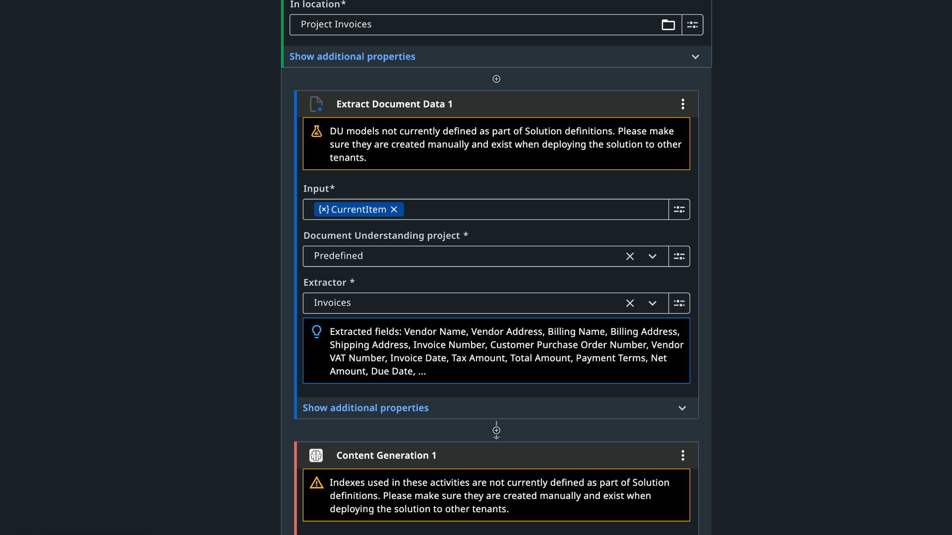 UiPath Extract Document Data activity configured with Predefined Document Understanding project and Invoices extractor, showing full list of extracted fields including Invoice Number, Vendor Name, Due Date, and Total Amount