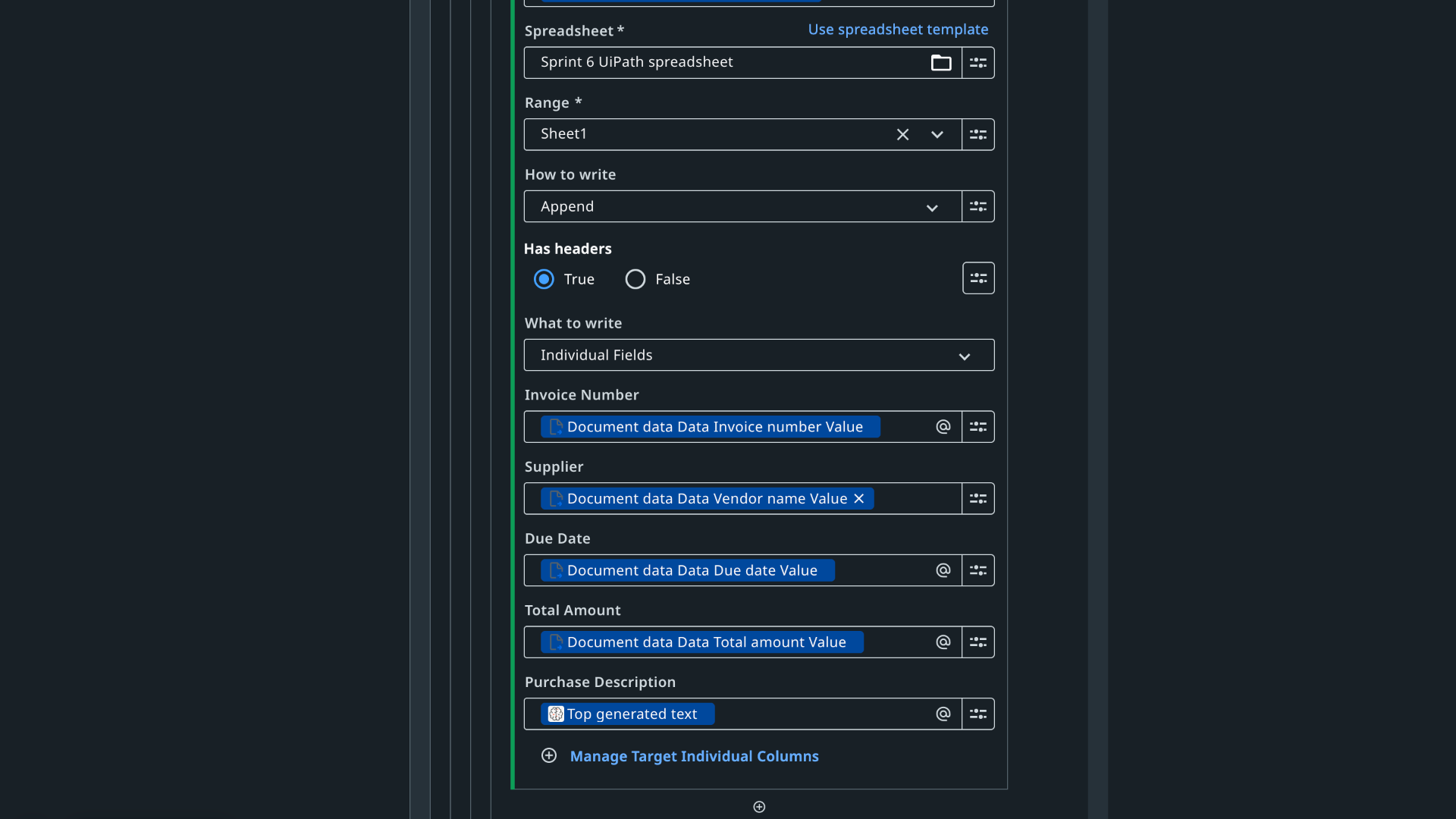 UiPath Google Sheets write activity showing five column mappings: Invoice Number to Document data Invoice number Value, Supplier to Document data Vendor name Value, Due Date, Total Amount, and Purchase Description mapped to Top generated text