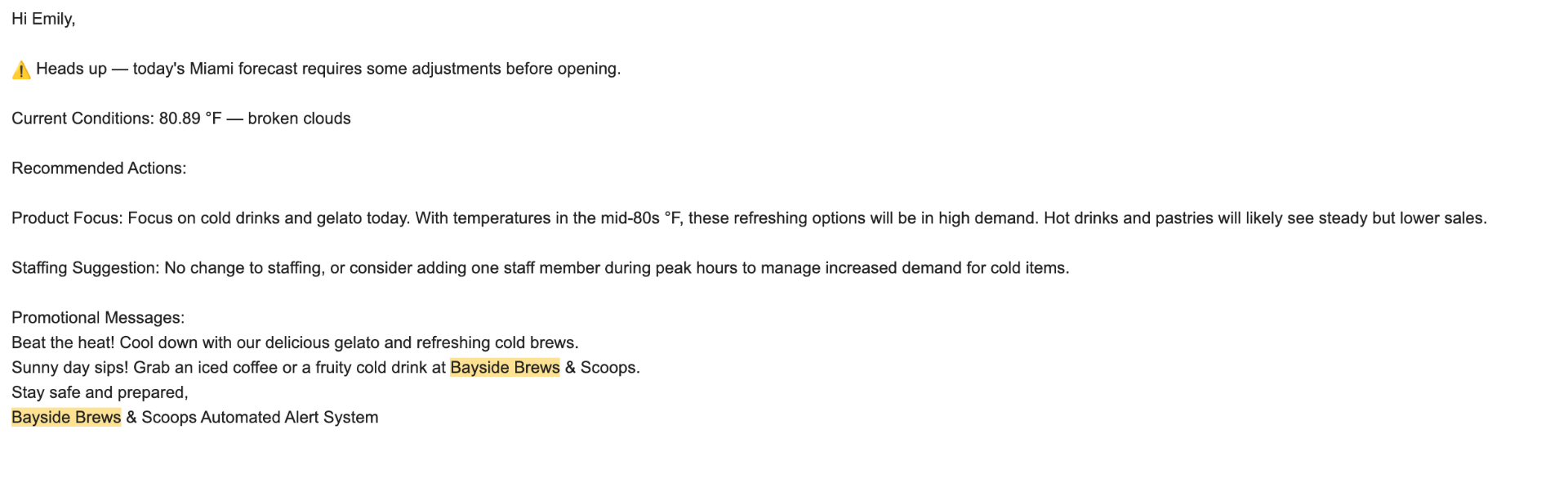 Severe weather alert email with warning icon showing recommended actions for Bayside Brews and Scoops Miami location