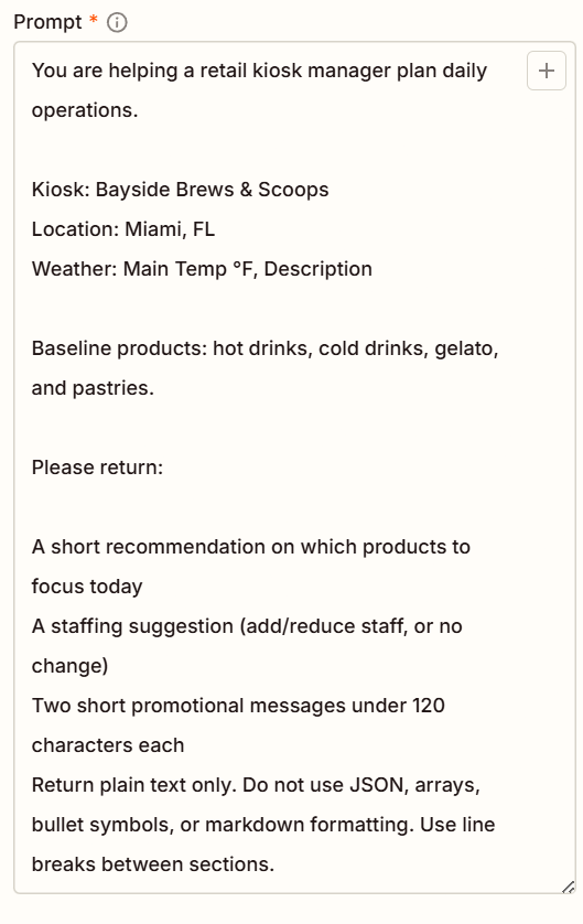 Standard daily Gemini prompt configuration in Zapier showing kiosk context and four requested output sections
