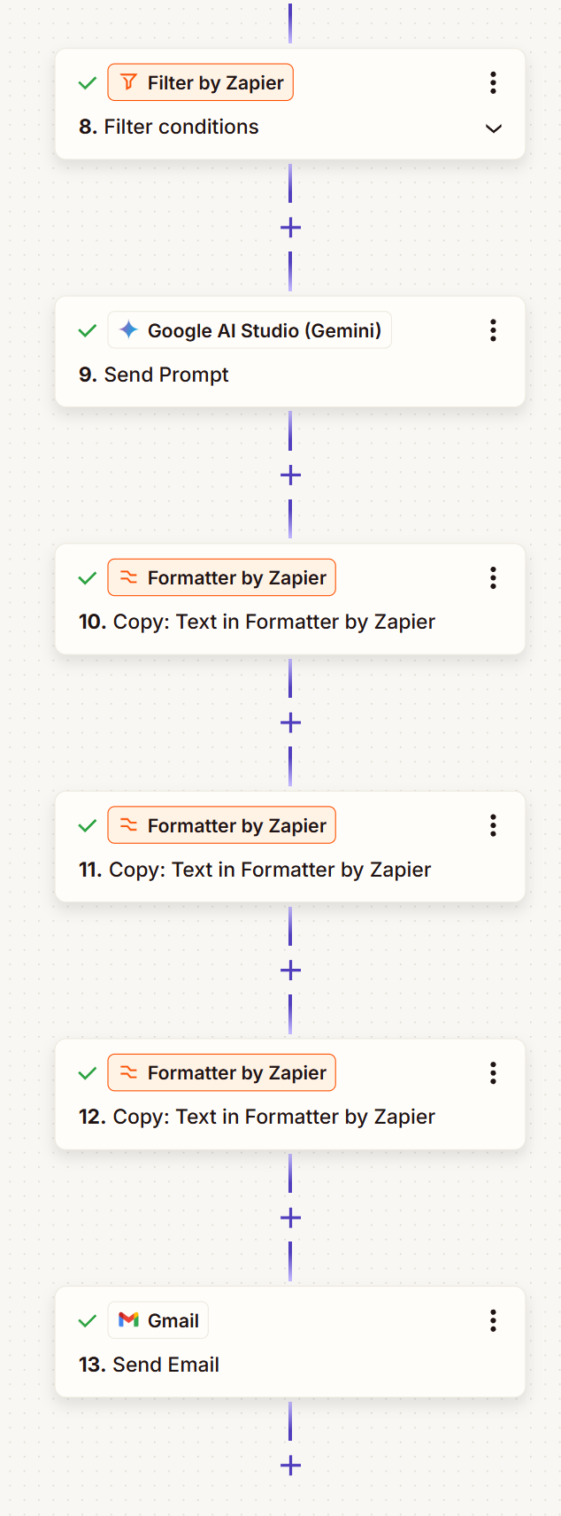 Zapier workflow steps 8–13: Filter branch through severe weather Gmail send